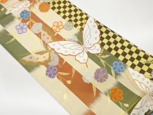 縞に蝶・枝垂れ桜・市松模様織出し袋帯